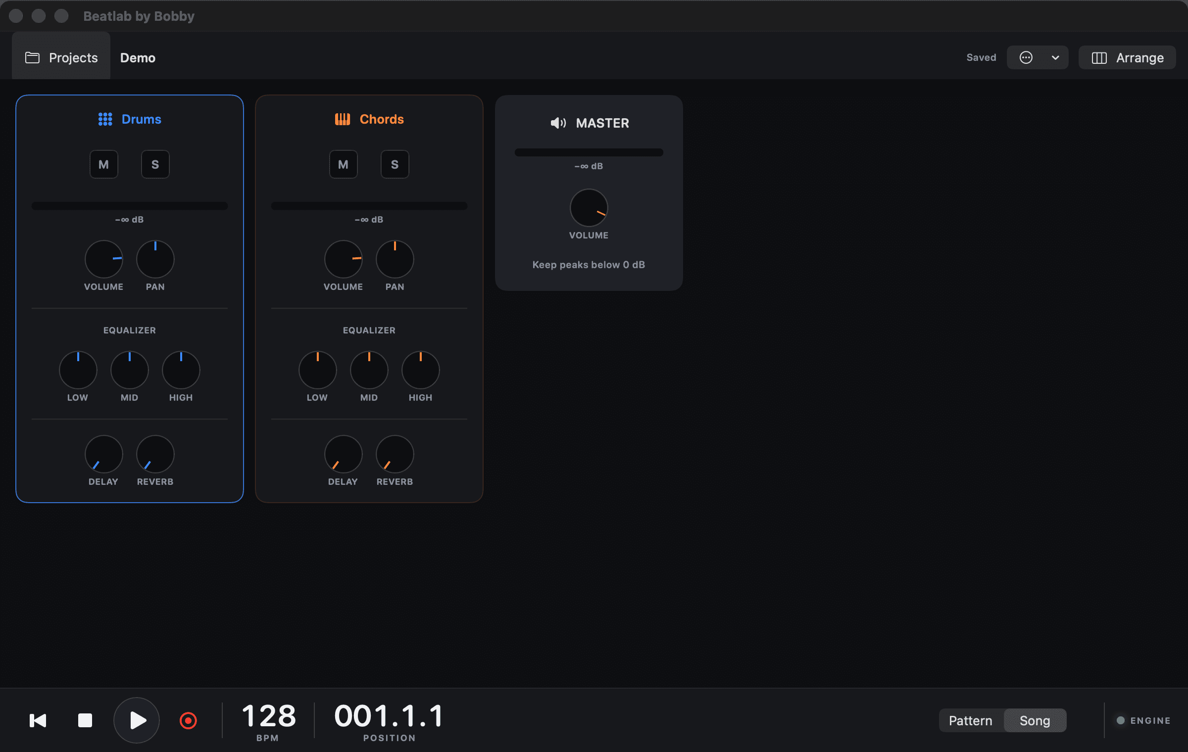 The native Beatlab Mac app showing mixer channels and playback controls