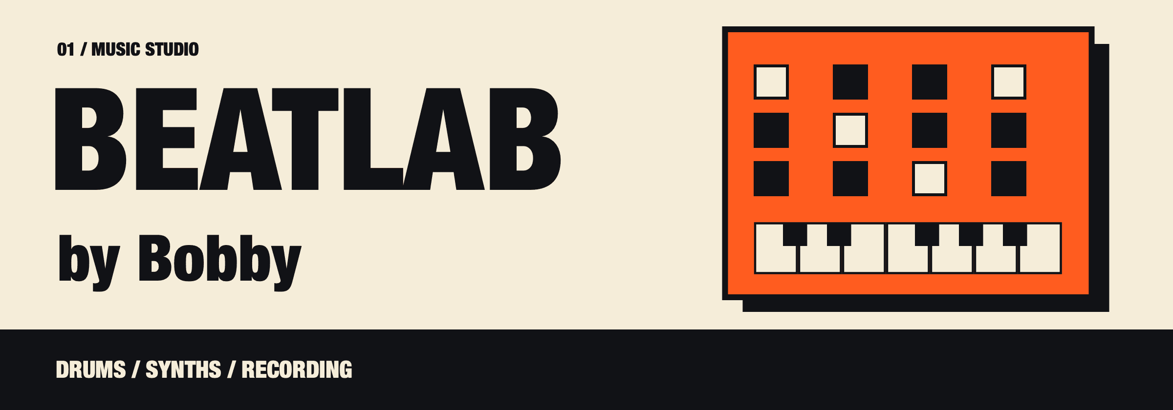 Wide Beatlab banner with orange drum pads and piano keys